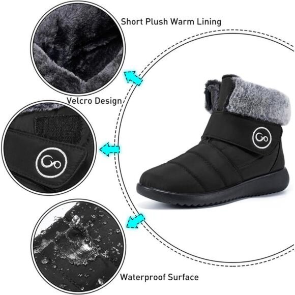 Black Women Snow Boots Winter Shoes with Fur Lined Warm Slip On Waterproof Boots - Picture 4 of 6